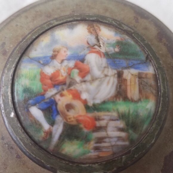 Antique Pre Reuge Music Box Musical‎ Powder Puff Metal Case with Porcelain Inlay - Picture 5 of 16